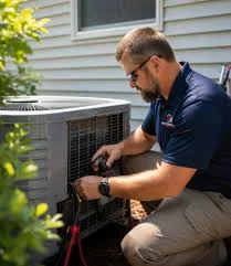 HVAC technician repairing the electrical components of an outdoor air conditioner