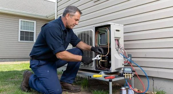 HVAC technician servicing an outdoor system connected to the home's airflow equipment